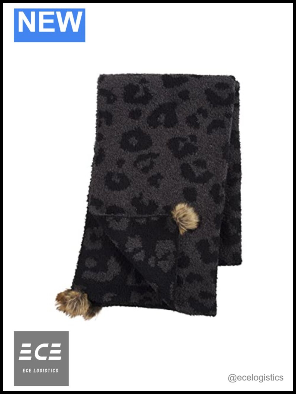 Chenille Leopard Print Scarf with Faux Fur Pom Corners One Size